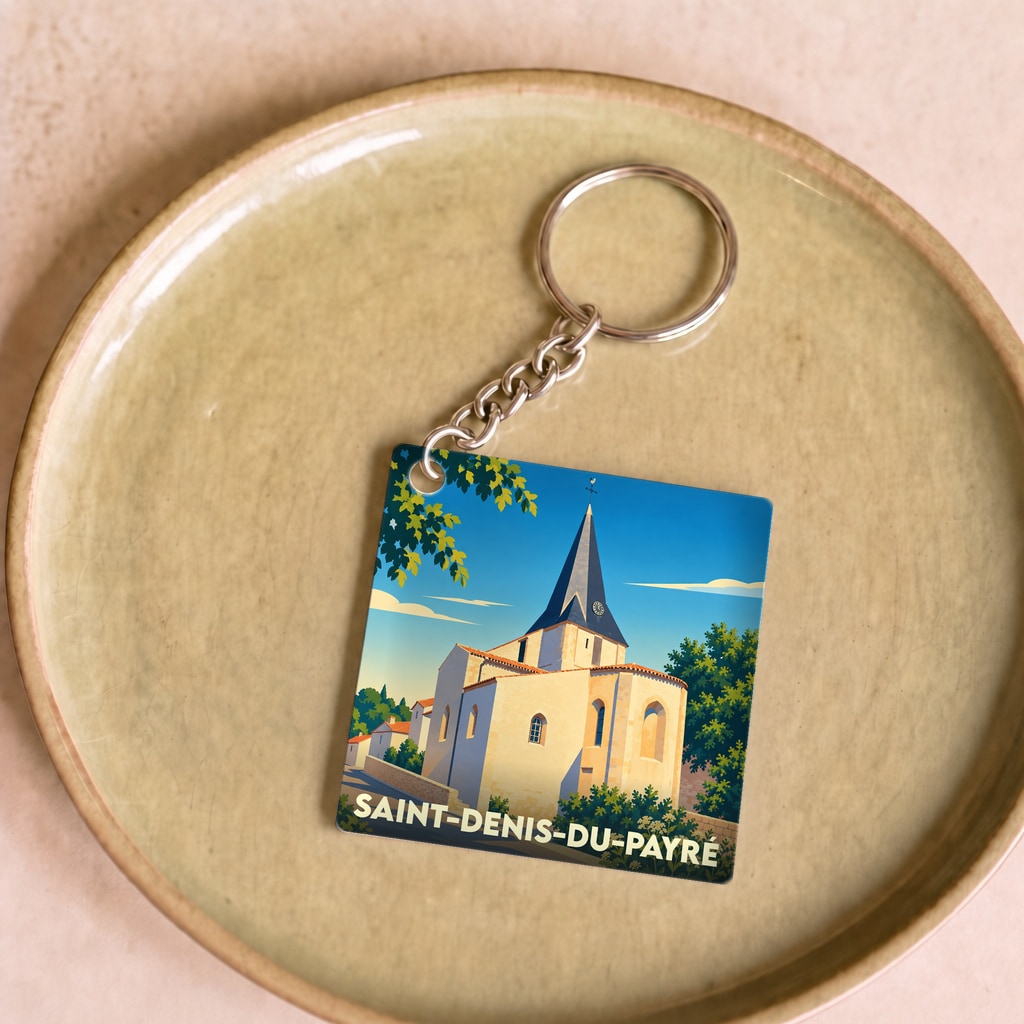 Porte-clés souvenir de la ville de Saint-Denis-du-Payré avec une illustration stylisée de son église.