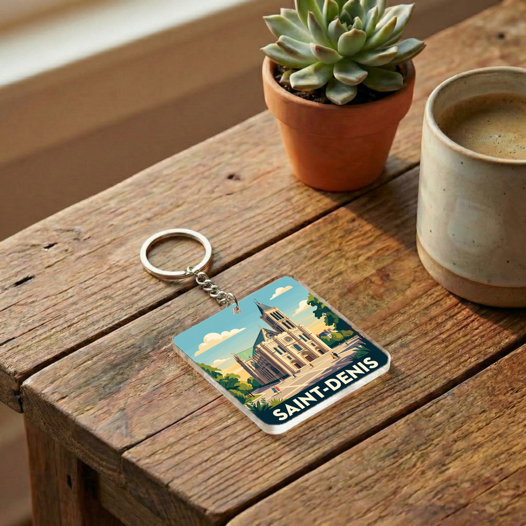Porte-clés souvenir de la ville de Saint-Denis avec une illustration stylisée de sa basilique.