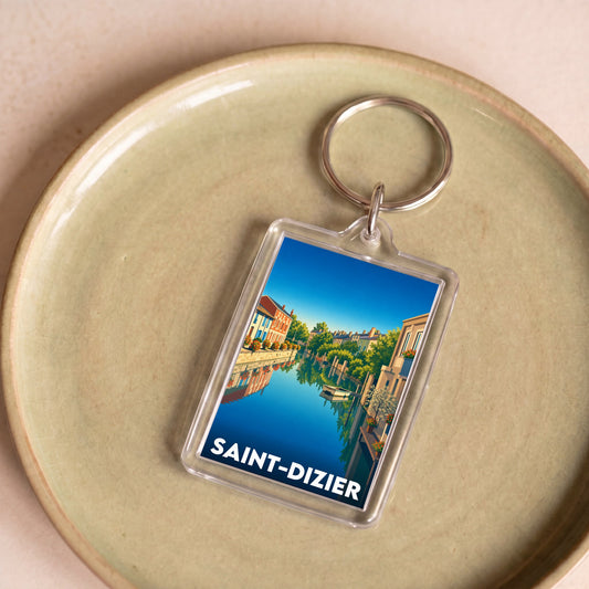 Porte-clés souvenir de la ville de Saint-Dizier avec une illustration stylisée.