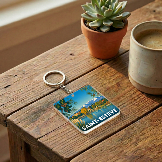 Porte-clés souvenir de la ville de Saint-Estève avec une illustration de paysage stylisée.