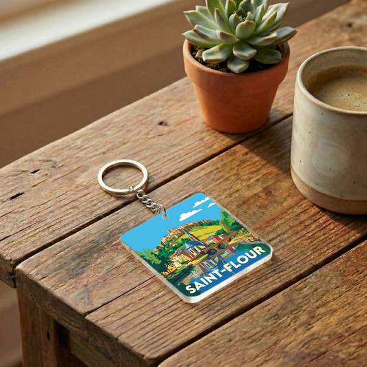 Porte-clés souvenir de la ville de Saint-Flour avec une illustration stylisée et colorée.
