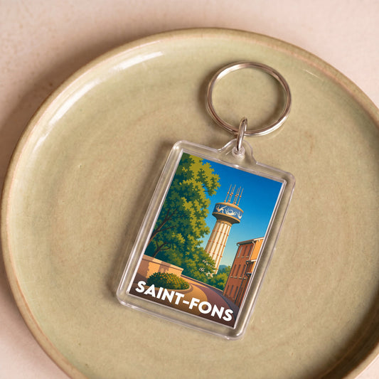 Porte-clés souvenir de la ville de Saint-Fons avec une illustration stylisée.