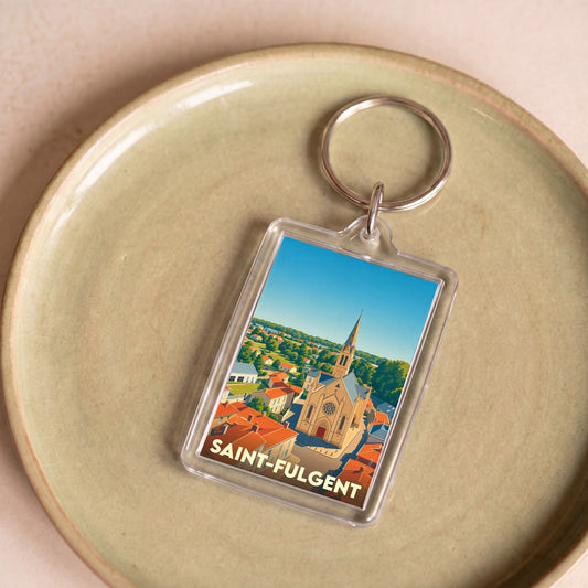 Porte-clés souvenir de la ville de Saint-Fulgent avec une illustration stylisée.