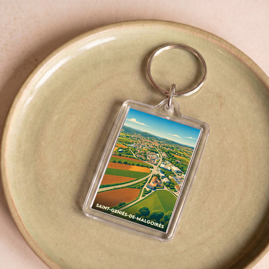 Porte-clés souvenir de la ville de Saint-Geniès-de-Malgoirès avec une illustration aérienne et stylisée de ses paysages.