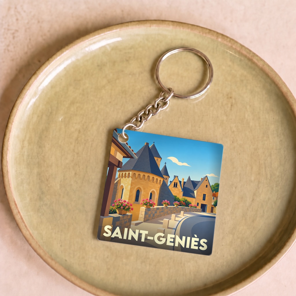 Porte-clés souvenir de la ville de Saint-Geniès avec une illustration stylisée de son architecture médiévale.