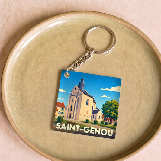 Porte-clés souvenir de la ville de Saint-Genou avec une illustration stylisée de son église.