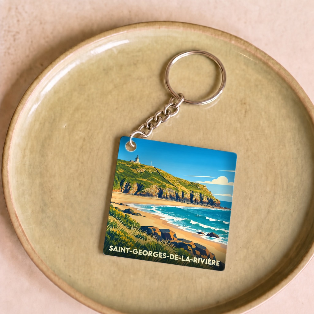 Porte-clés souvenir de la ville de Saint-Georges-de-la-Rivière avec une illustration stylisée du littoral.