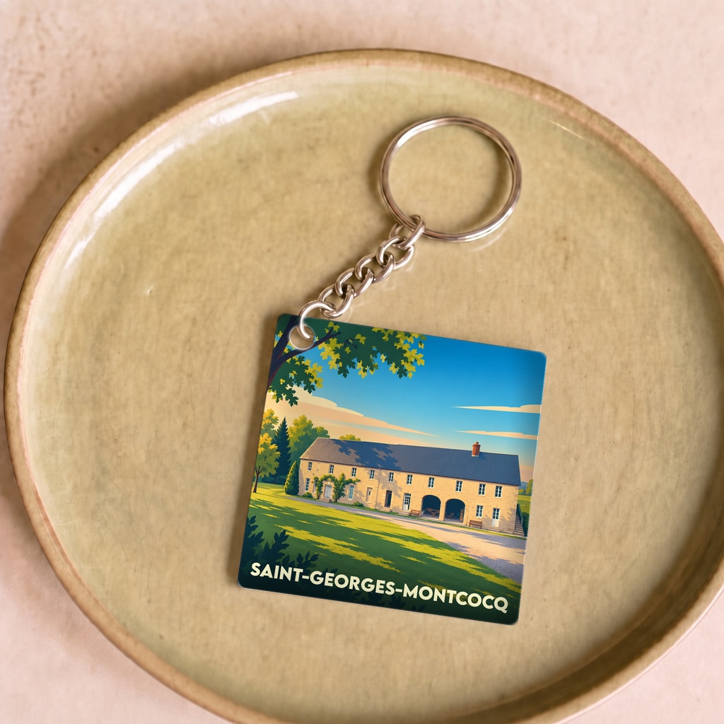 Porte-clés souvenir de la ville de Saint-Georges-Montcocq avec une illustration stylisée d'un bâtiment traditionnel.