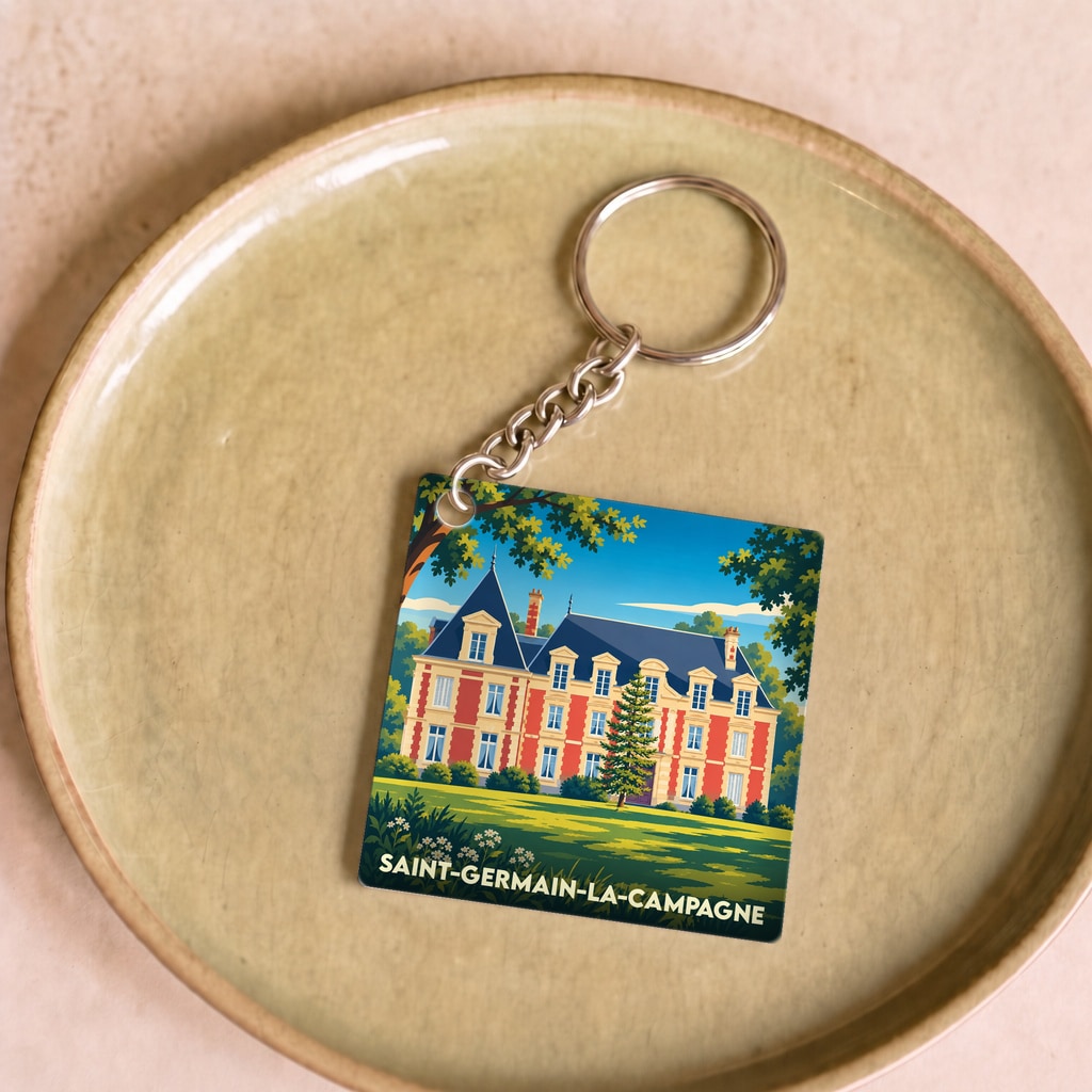 Porte-clés souvenir de la ville de Saint-Germain-la-Campagne illustré d'un manoir coloré.