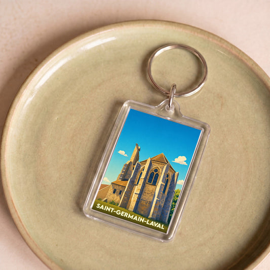 Porte-clés souvenir de la ville de Saint-Germain-Laval avec une illustration stylisée de son église.