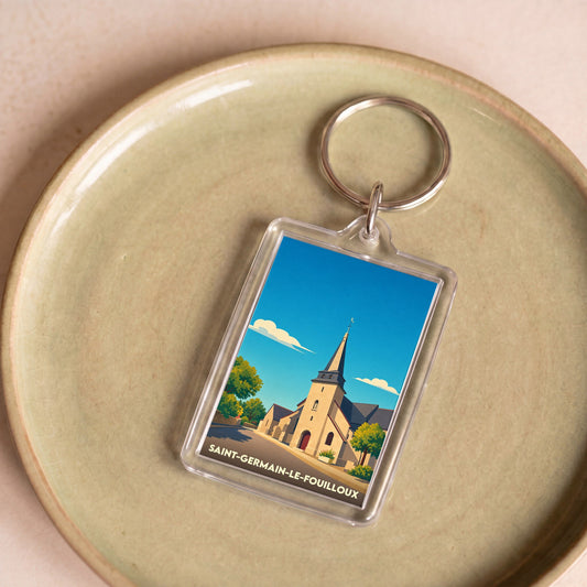 Porte-clés souvenir de la ville de Saint-Germain-le-Fouilloux avec une illustration stylisée de son église.