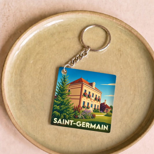 Porte-clés souvenir de la ville de Saint-Germain avec une illustration stylisée.