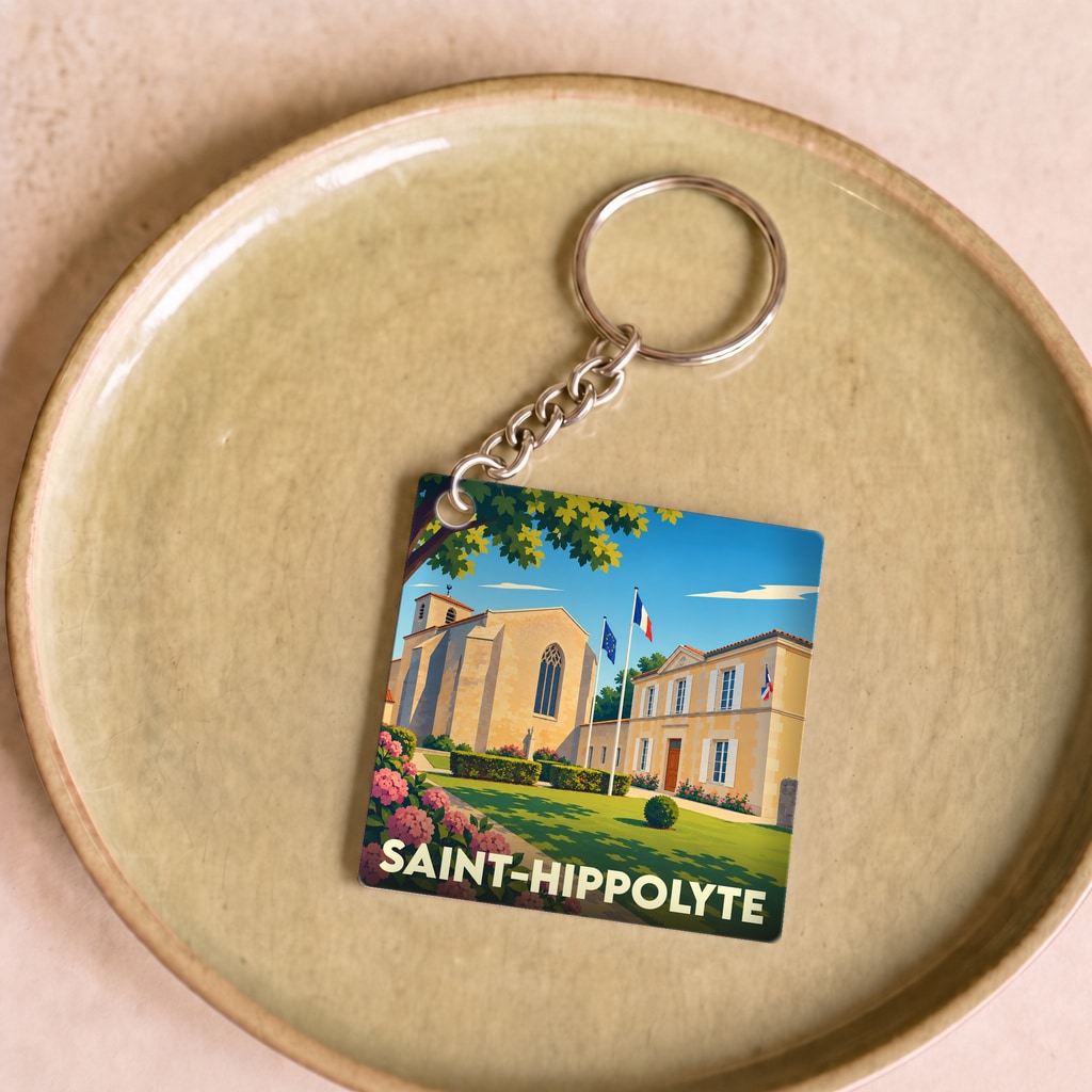 Porte-clés souvenir de la ville de Saint-Hippolyte avec une illustration stylisée de son église et de sa mairie.