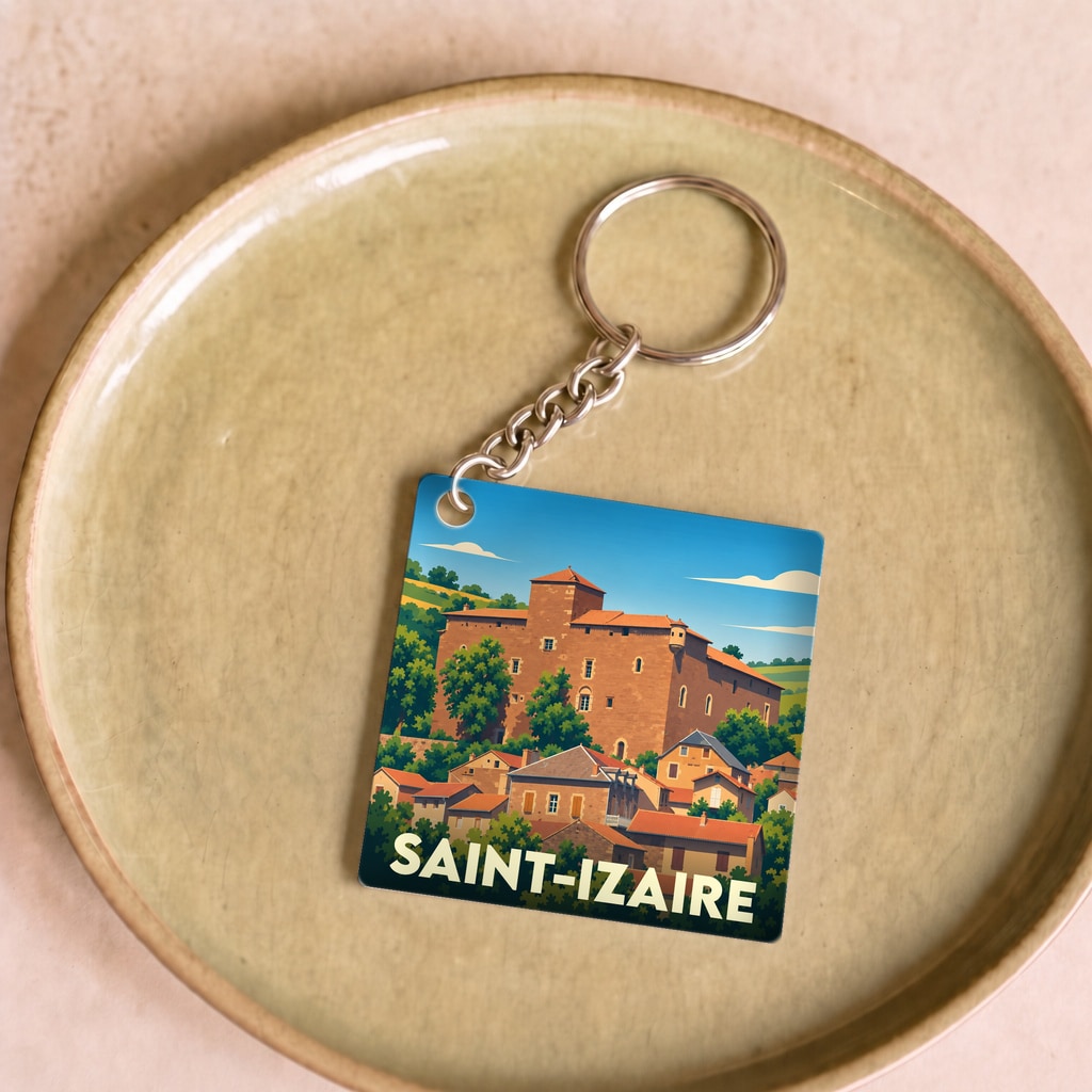 Porte-clés souvenir de la ville de Saint-Izaire avec une illustration stylisée de son château.