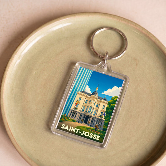 Porte-clés souvenir de la commune de Saint-Josse avec une illustration stylisée de son hôtel de ville.