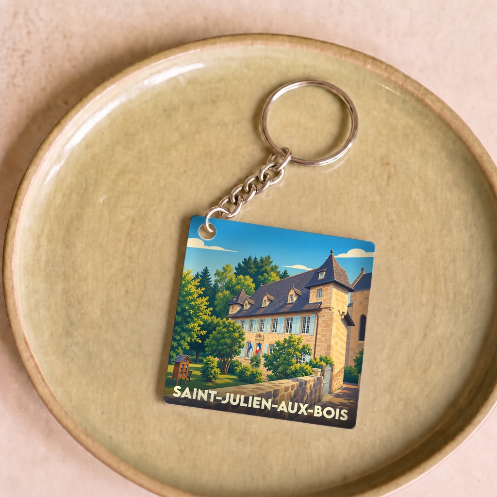 Porte-clés souvenir de la ville de Saint-Julien-aux-Bois avec une illustration stylisée d'un bâtiment historique.