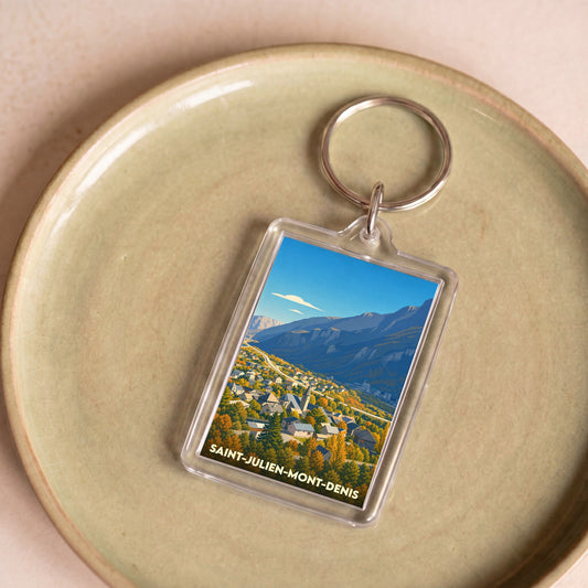 Porte-clés souvenir de la ville de Saint-Julien-Mont-Denis avec une illustration stylisée.
