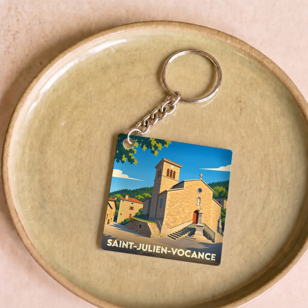 Porte-clés souvenir de la ville de Saint-Julien-Vocance avec une illustration stylisée de son église.