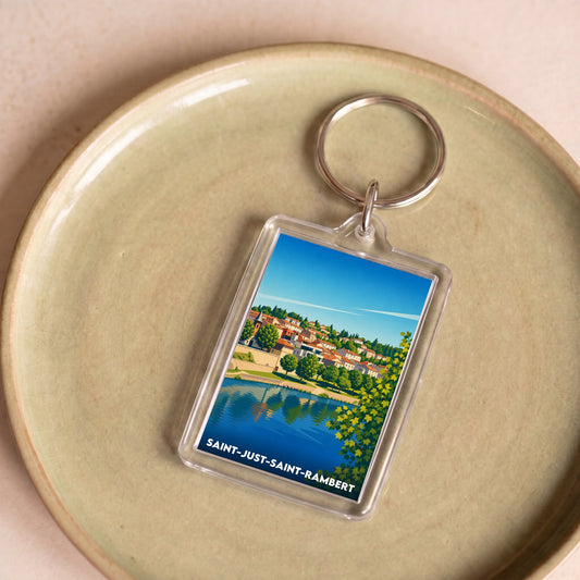 Porte-clés souvenir de la ville de Saint-Just-Saint-Rambert avec une illustration stylisée.