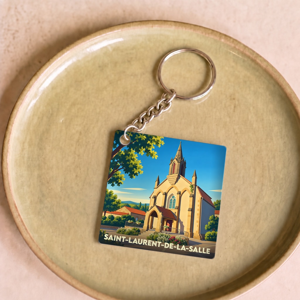 Porte-clés souvenir de la ville de Saint-Laurent-de-la-Salle avec une illustration stylisée de son église.