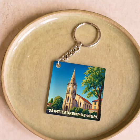 Porte-clés souvenir de la ville de Saint-Laurent-de-Mure avec une illustration stylisée.