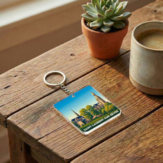 Porte-clés souvenir de la ville de Saint-Laurent-sur-Sèvre avec une illustration stylisée.