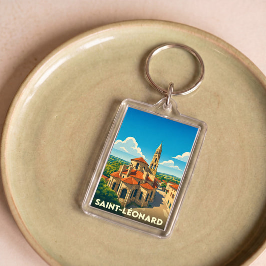 Porte-clés souvenir de la ville de Saint-Léonard avec une illustration stylisée de sa collégiale.