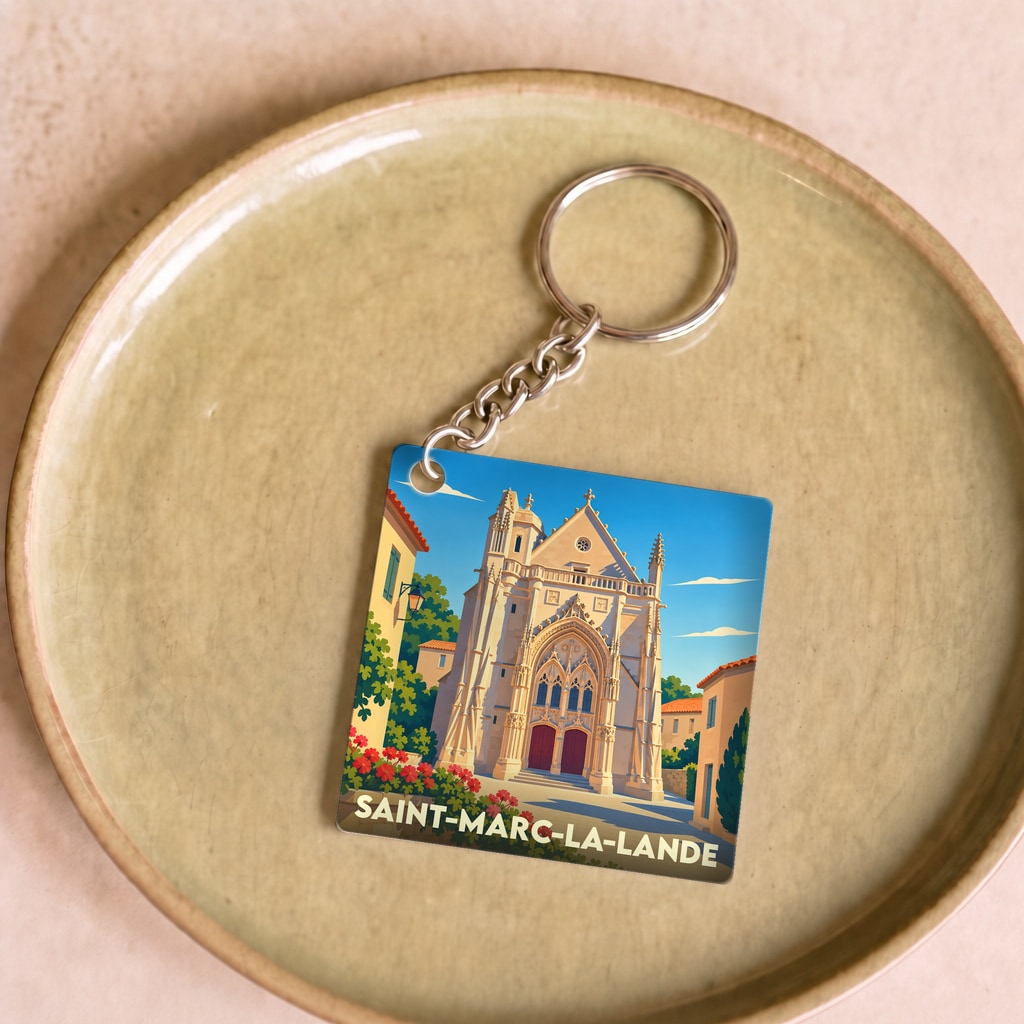 Porte-clés souvenir de la ville de Saint-Marc-la-Lande avec une illustration stylisée de sa collégiale.