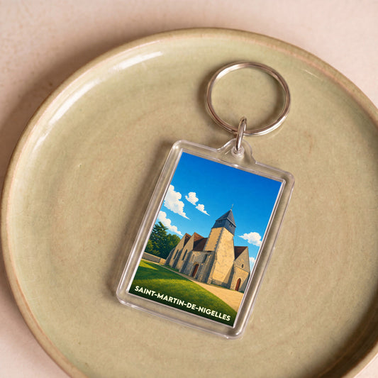 Porte-clés souvenir de la ville de Saint-Martin-de-Nigelles avec une illustration stylisée de son église.
