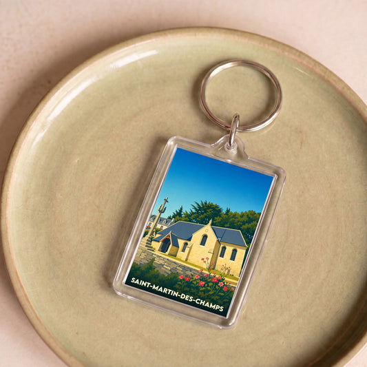 Porte-clés souvenir de la ville de Saint-Martin-des-Champs avec une illustration stylisée.