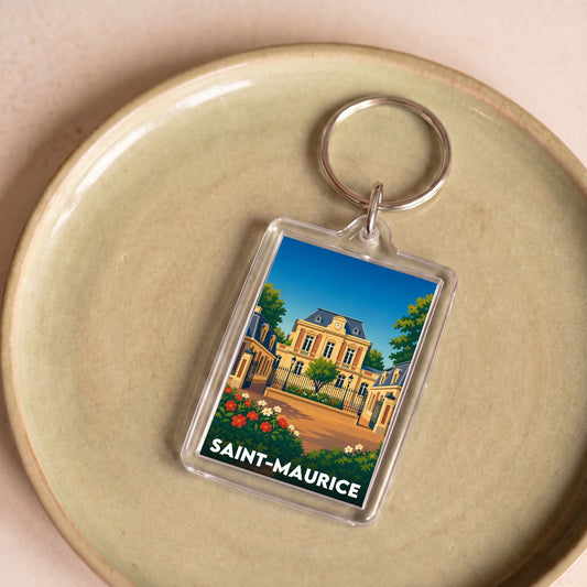 Porte-clés souvenir de la ville de Saint-Maurice avec une illustration stylisée.