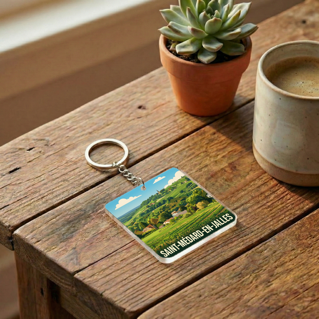 Porte-clés souvenir de la ville de Saint-Médard-en-Jalles avec une illustration stylisée de paysages.