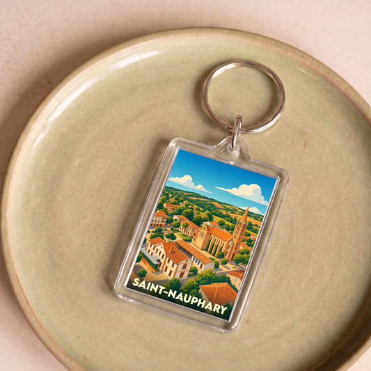 Porte-clés souvenir de la ville de Saint-Nauphary avec une illustration stylisée.