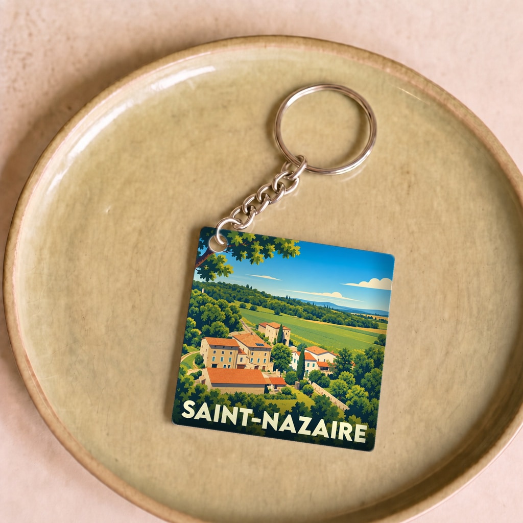 Porte-clés souvenir de la ville de Saint-Nazaire avec une illustration stylisée de son paysage vallonné.