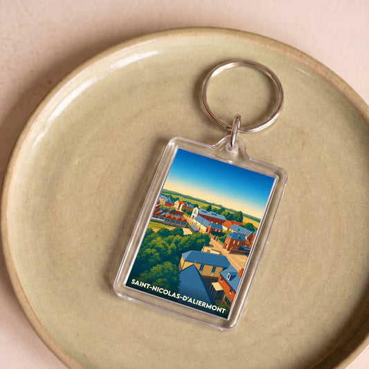 Porte-clés souvenir de la ville de Saint-Nicolas-d'Aliermont avec une illustration stylisée.