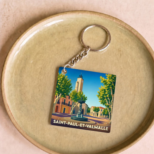 Porte-clés souvenir de la ville de Saint-Paul-et-Valmalle avec une illustration stylisée.
