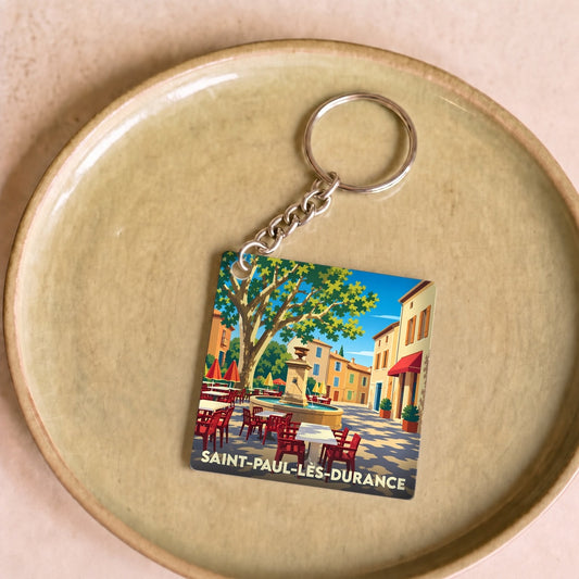 Porte-clés souvenir de la ville de Saint-Paul-lès-Durance avec une illustration stylisée d'une place ensoleillée.