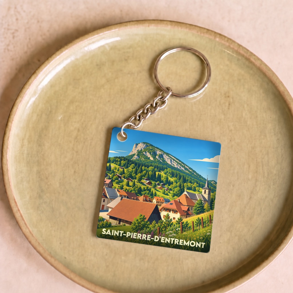 Porte-clés souvenir de la ville de Saint-Pierre-d'Entremont avec une illustration stylisée d'un village de montagne.