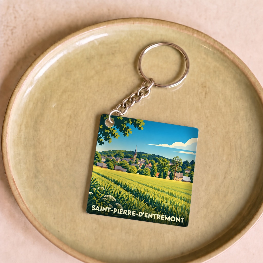 Porte-clés souvenir de Saint-Pierre-d'Entremont avec une illustration stylisée d'un paysage de campagne normand.