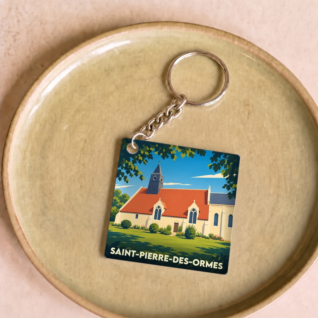 Porte-clés souvenir de la ville de Saint-Pierre-des-Ormes avec une illustration stylisée de son église.