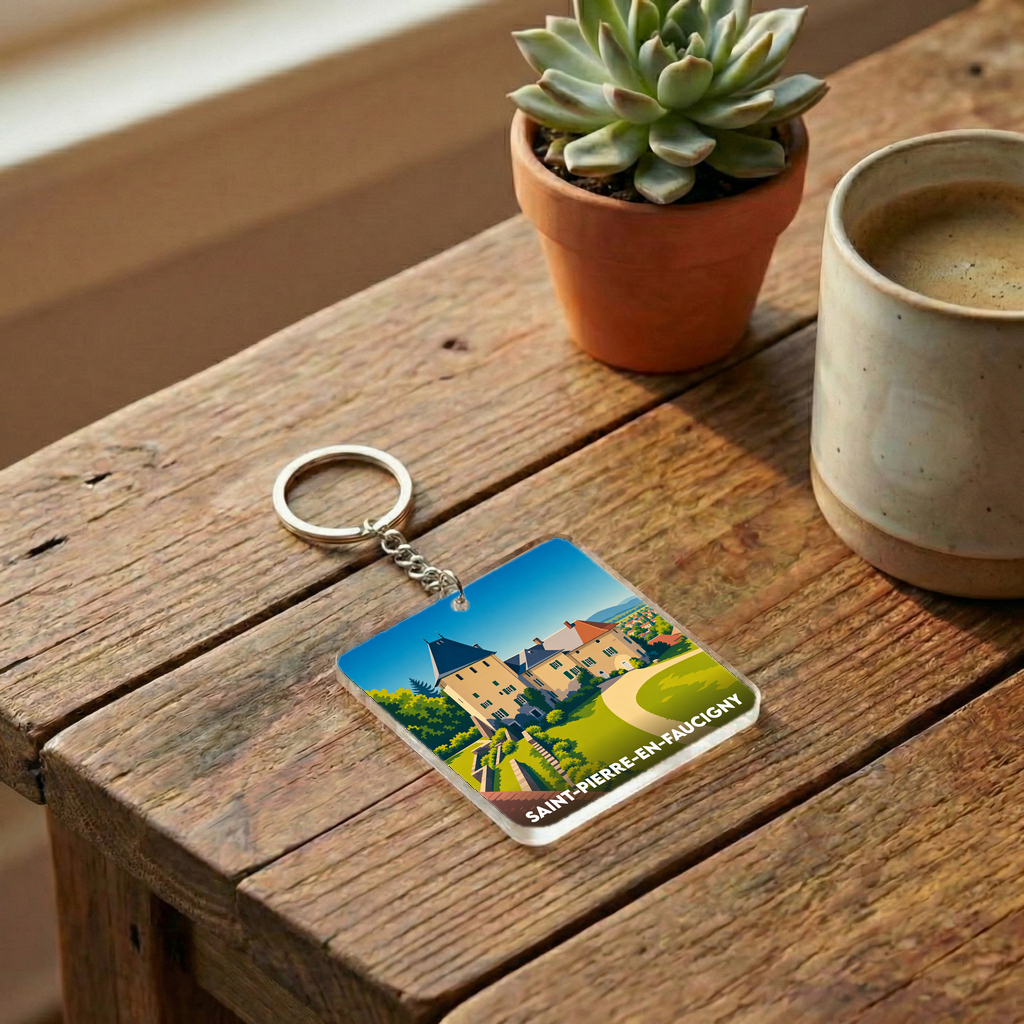 Porte-clés souvenir de la ville de Saint-Pierre-en-Faucigny avec une illustration stylisée d'un château.