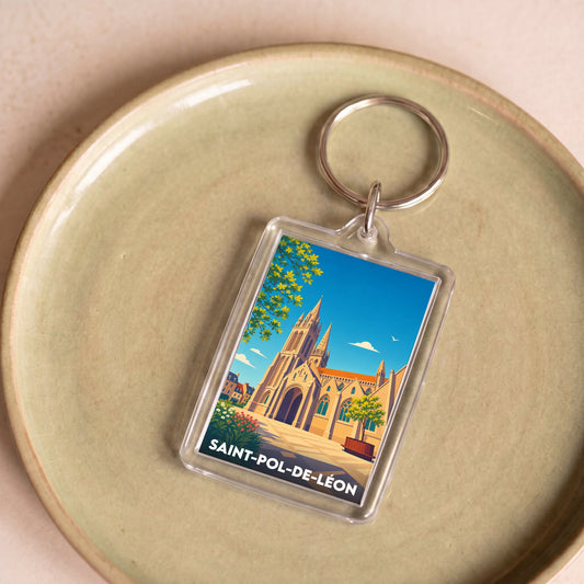 Porte-clés souvenir de la ville de Saint-Pol-de-Léon avec une illustration stylisée de sa cathédrale.