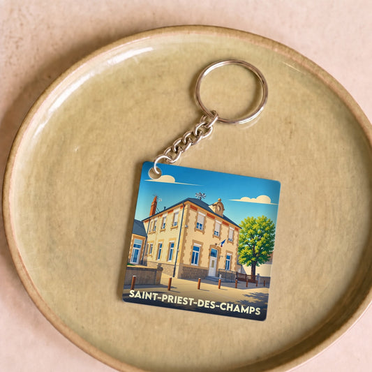 Porte-clés souvenir de la ville de Saint-Priest-des-Champs avec une illustration stylisée de sa mairie.