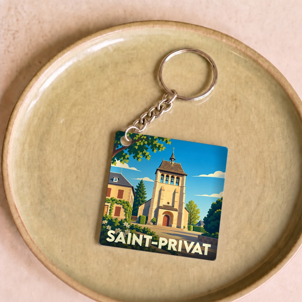 Porte-clés souvenir de la ville de Saint-Privat avec une illustration stylisée de son église.