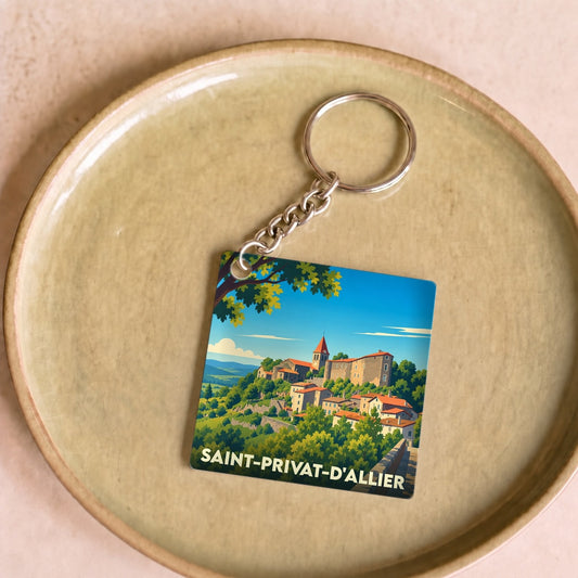 Porte-clés souvenir de la ville de Saint-Privat-d'Allier arborant une illustration stylisée du village perché.