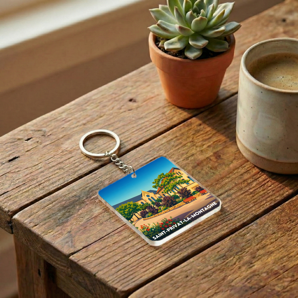 Porte-clés souvenir de la ville de Saint-Privat-la-Montagne avec une illustration stylisée.