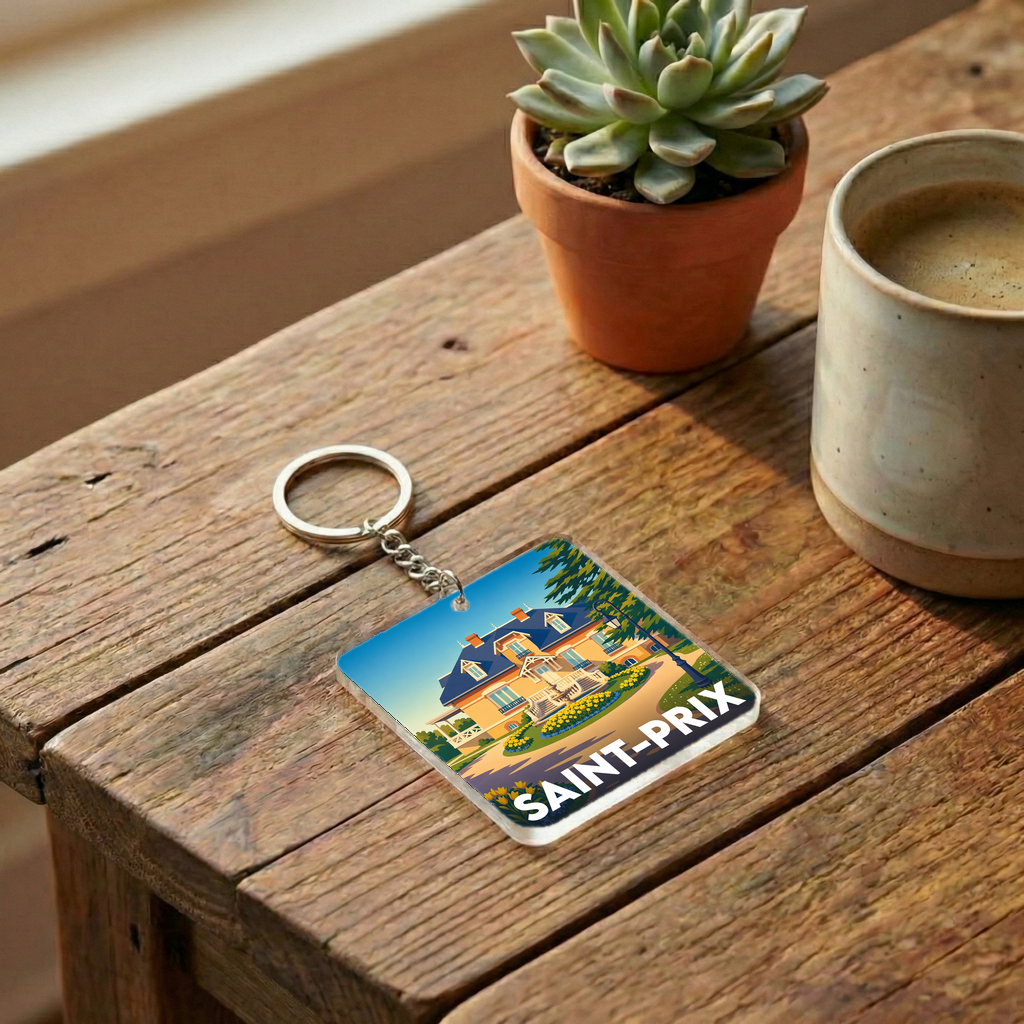 Porte-clés souvenir de la ville de Saint-Prix avec une illustration stylisée.