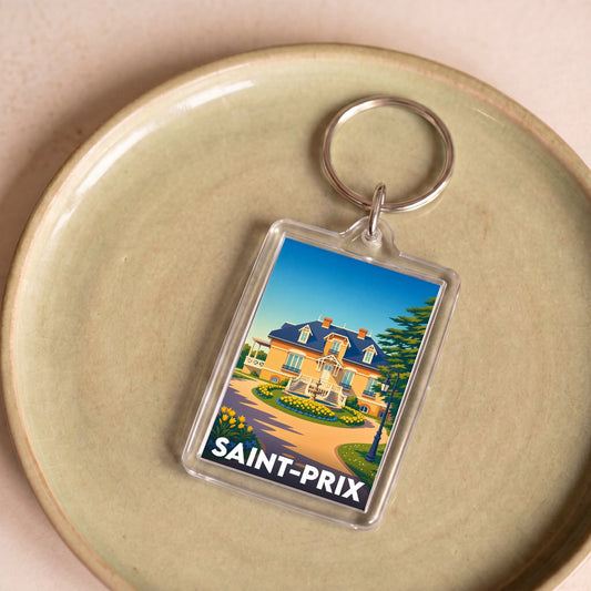 Porte-clés souvenir de la ville de Saint-Prix avec une illustration stylisée.