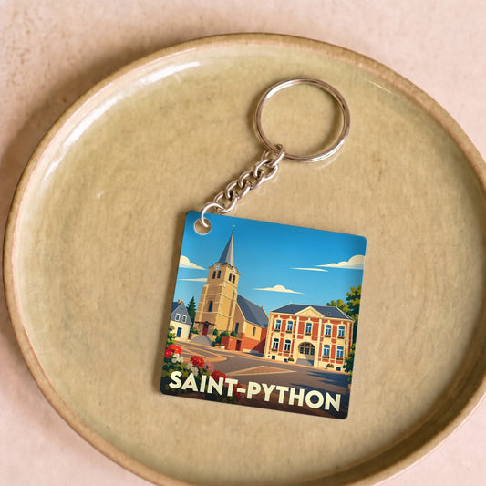 Porte-clés souvenir de la ville de Saint-Python avec une illustration stylisée d'une église et de la mairie.
