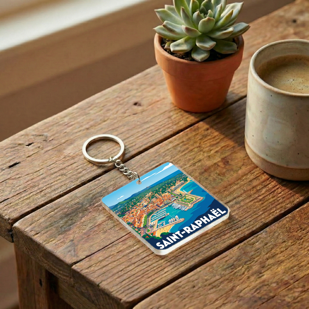 Porte-clés souvenir de la ville de Saint-Raphaël avec une illustration stylisée.